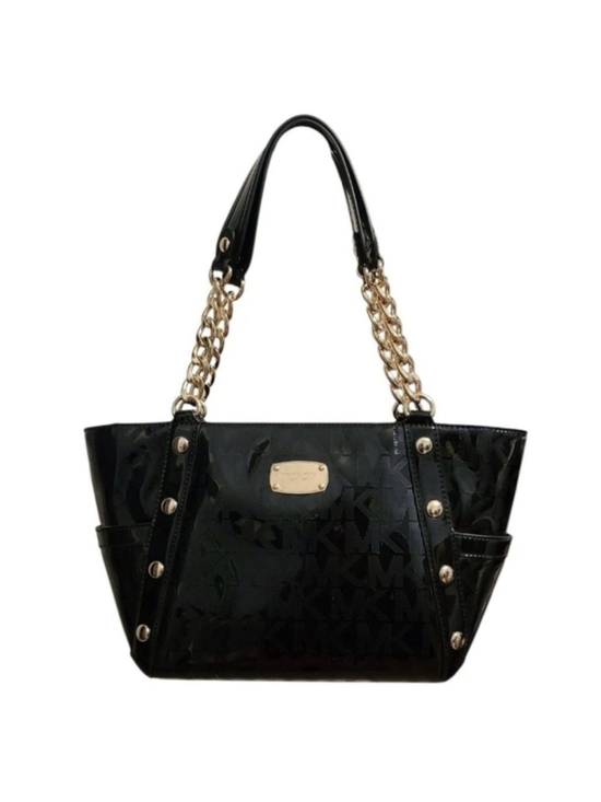 Michael Kors Handbags - Michael Kors Black Patent Leather Shoulder Bag Gold Studded Logo Delancy